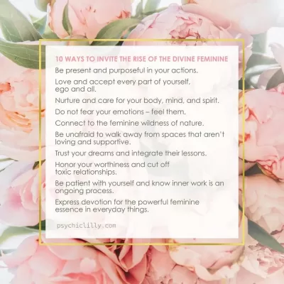 List of 10 ways to raise your Divine Feminine energy on a background of soft pink flowers