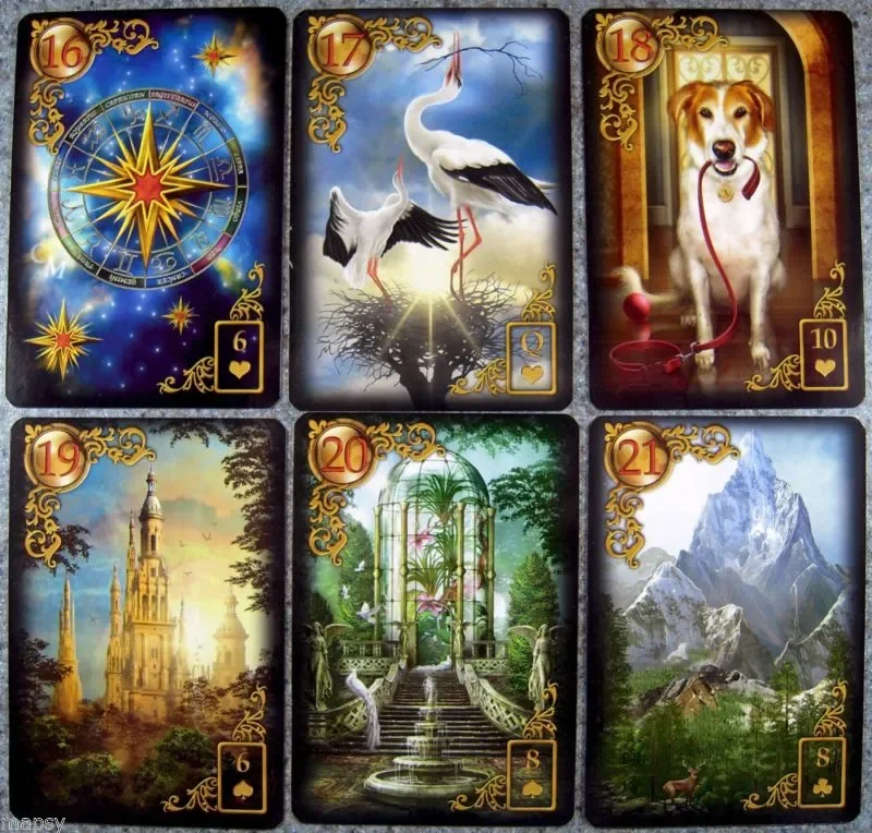 Lenormand cards 16 to 21 with stars, storks, dog, tower, garden, and mountain