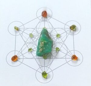 Green aventurine and citrine arranged on a sacred geometry base for manifesting abundance.