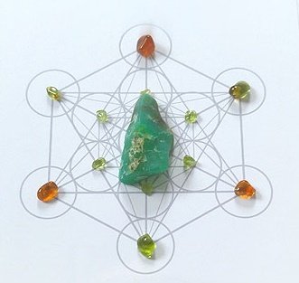Green aventurine and citrine arranged on a sacred geometry base for manifesting abundance.