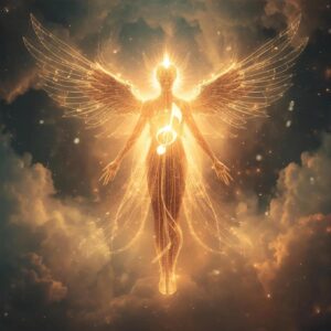 Golden angelic figure with radiant wings glowing in divine light, symbolizing Archangel Michael and spiritual life purpose.