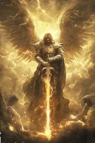 Archangel Michael cutting energetic cords with his flaming sword during a Shamanic Unbinding Ritual.