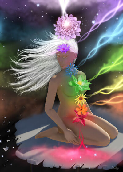 Chakra energy alignment of divine feminine with spinning light vortex
