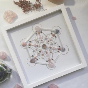 Framed sacred geometry crystal grid with rose quartz and amethyst.