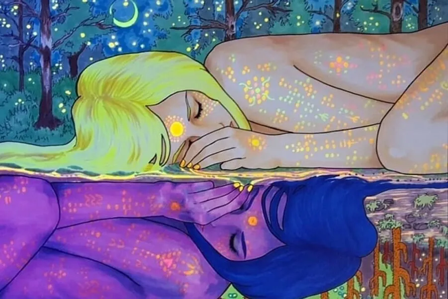 Artistic depiction of mirrored dream states reflecting conscious and subconscious minds