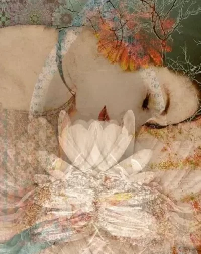 Woman asleep within layers of symbolic lotus flowers and dream textures