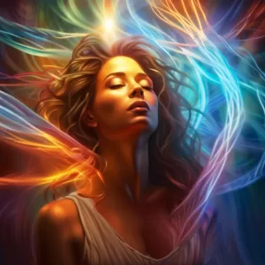Etheric Cord Healing Session – woman surrounded by colorful energy streams representing emotional release and spiritual healing
