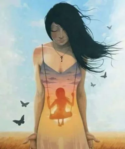 Artistic image of a woman with the silhouette of a child on a swing inside her, symbolizing inner child connection and healing