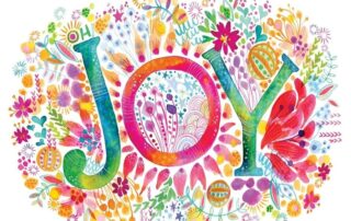 Colorful joyful artwork with flowers surrounding the word Joy – symbolizing that joy is your birthright with Psychic Lilly