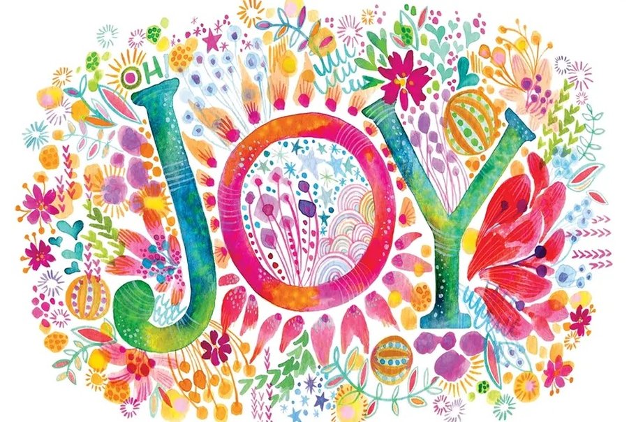 Colorful joyful artwork with flowers surrounding the word Joy – symbolizing that joy is your birthright with Psychic Lilly