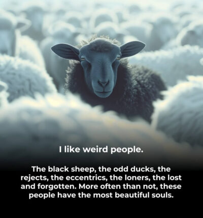 Black sheep standing proudly among white sheep with text: 