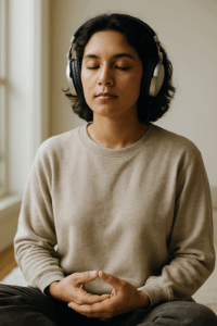 Person meditating peacefully while listening to Holosync with headphones.