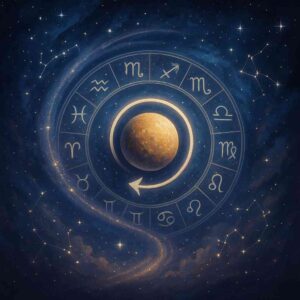Astrology wheel with Mercury in retrograde surrounded by zodiac signs and constellations