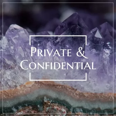 Private and confidential psychic services represented by calming amethyst crystals symbolizing clarity and spiritual protection.