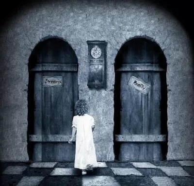Inner Child standing between two ancient doors labeled 