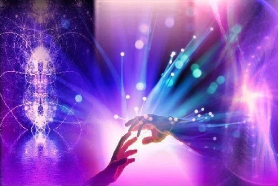 Remote Quantum Healing hands radiating Violet Flame healing energy remotely