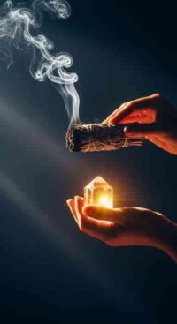 Burning sage wand cleansing a glowing Lemurian quartz crystal