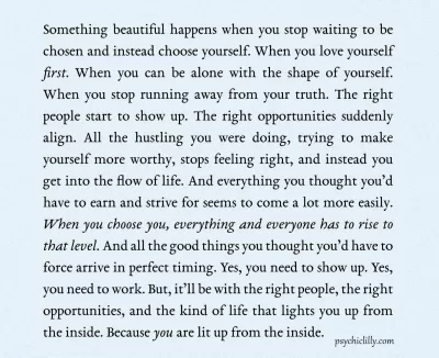 A motivational quote on a light blue background discussing the power of choosing and loving yourself, ending with 