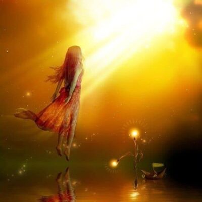 Woman rising into golden light, symbolizing return of soul essence