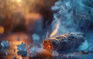 Burning sage bundle with glowing embers and smoke for purification
