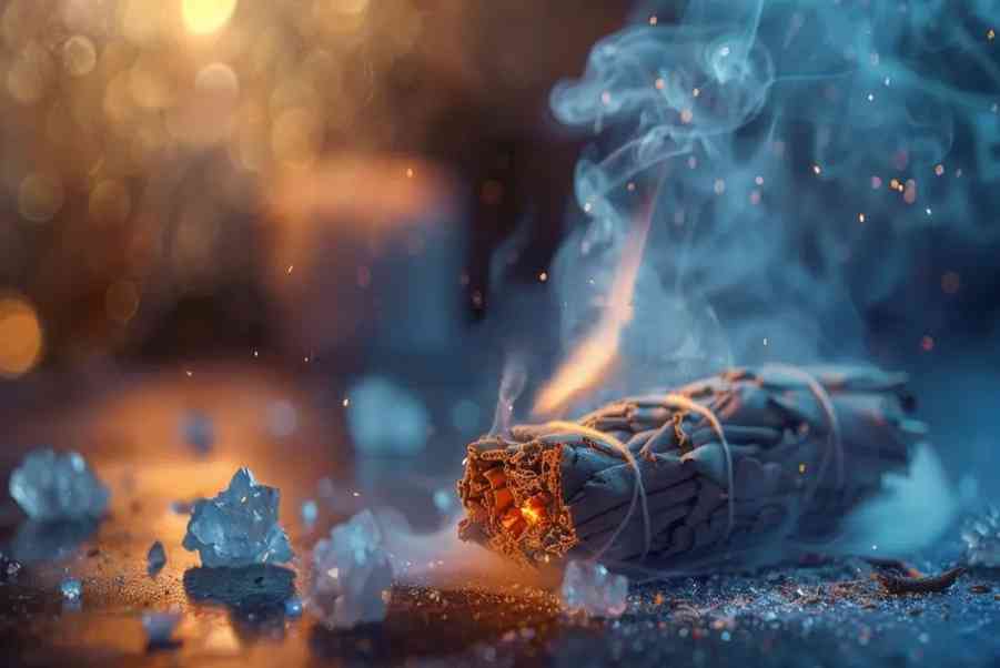 Burning sage bundle with glowing embers and smoke for purification