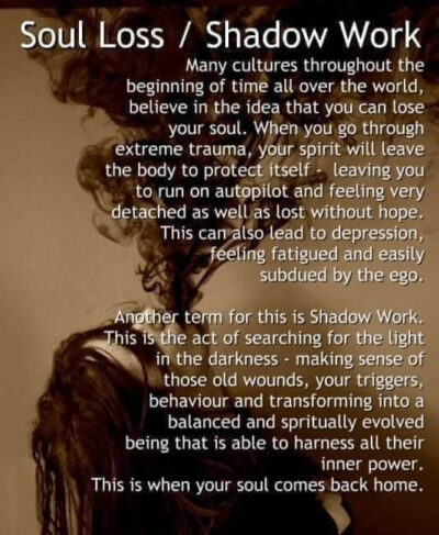 Shadowy figure with soul loss and shadow work text overlay