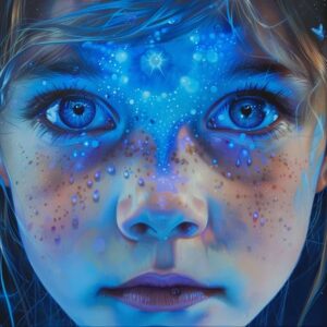 Close-up of an Indigo child with radiant blue eyes and glowing third eye symbolizing starseed awareness and higher consciousness.