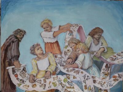 Painting titled Tapestry of Life by Wendy Lippincott, depicting people weaving symbolic images into a continuous scroll, representing the interconnectedness of human experiences.