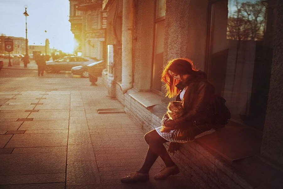 Woman sitting quietly with a cat, bathed in sunset light, reflecting on forgiveness