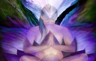 Spiritual woman meditating with third eye open, symbolizing healing and divine feminine awakening
