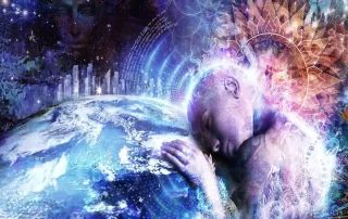 Spiritual artwork of a being embracing the Earth, symbolizing the three dimensions of wellness: physical, emotional, and spiritual.