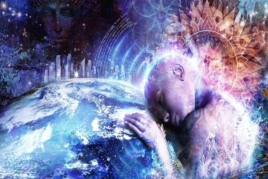 Spiritual artwork of a being embracing the Earth, symbolizing the three dimensions of wellness: physical, emotional, and spiritual.