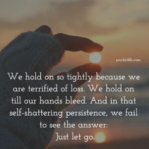 Hand holding the sun at sunset with quote about letting go of fear and loss.