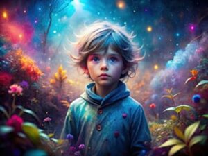 Young child standing in a mystical forest filled with vibrant colors and glowing orbs, symbolizing the wonder and sensitivity of Indigo children.