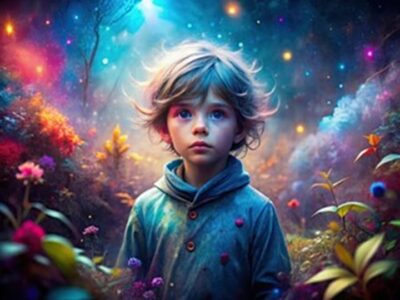 Young child standing in a mystical forest filled with vibrant colors and glowing orbs, symbolizing the wonder and sensitivity of Indigo children.