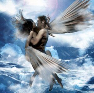 Twin flames with angel wings embracing in a twin soulmate union