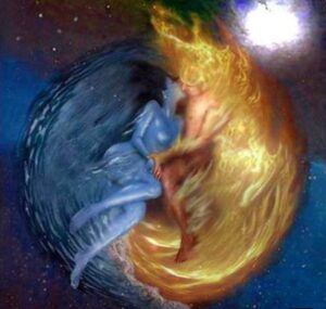 Spiritual depiction of twin flame soulmates uniting as fire and water energy