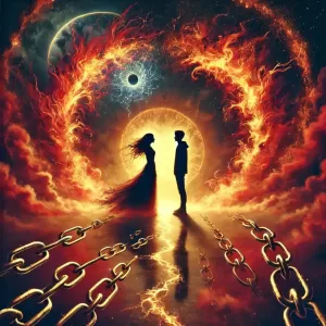 Silhouetted couple bound by fiery karmic energy with chains, symbolizing karmic relationships and soul ties.