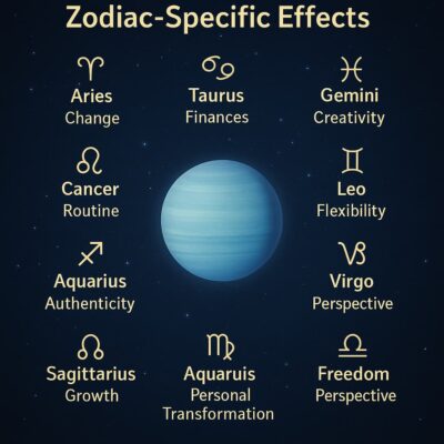 Infographic showing zodiac-specific effects of Uranus retrograde with Uranus at the center and keywords for each zodiac sign.